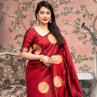 Front view of red silk saree blazing in royal setting