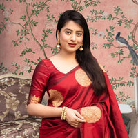 Front view of red silk saree blazing in royal setting