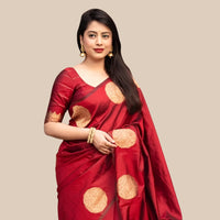 Studio front view of red silk printed saree
