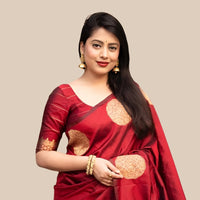 Studio front view of red silk printed saree