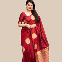 Studio front view of red silk printed saree