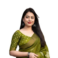 Studio front view of green printed saree in classic standing pose – white background