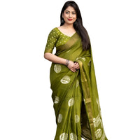 Studio front view of green printed saree in classic standing pose – white background
