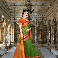 Pallu flowing gently behind as model turns, border glistening in pink and gold