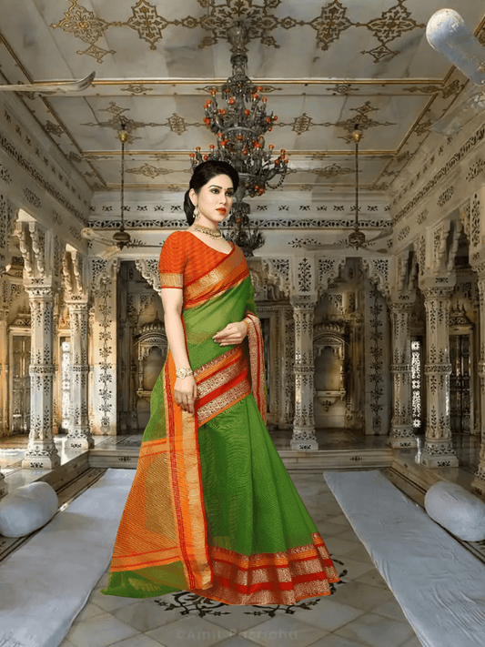 Pallu flowing gently behind as model turns, border glistening in pink and gold