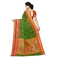 Flowing dark green pallu framed by rich pink-gold edgework