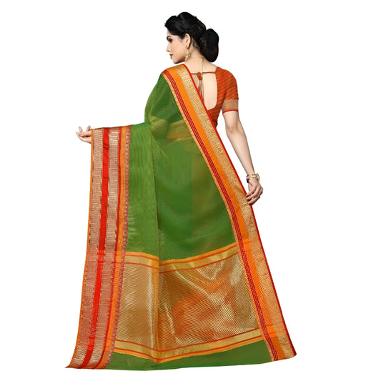 Flowing dark green pallu framed by rich pink-gold edgework