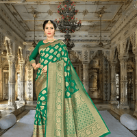 Distinct golden motifs on green silk draped in a regal environment