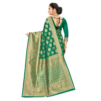 Full view of green Banarasi silk saree with golden abstract detailing