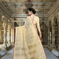 Back-facing shot of extended pallu in motion, border catching breeze and gaze alike