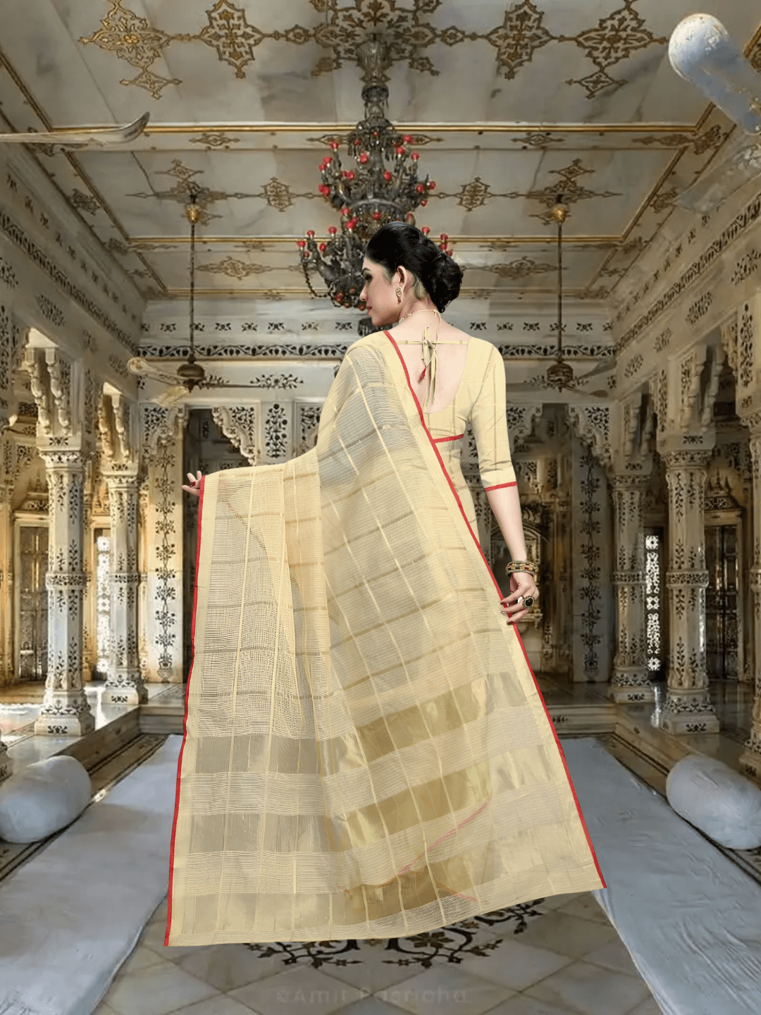 Back-facing shot of extended pallu in motion, border catching breeze and gaze alike