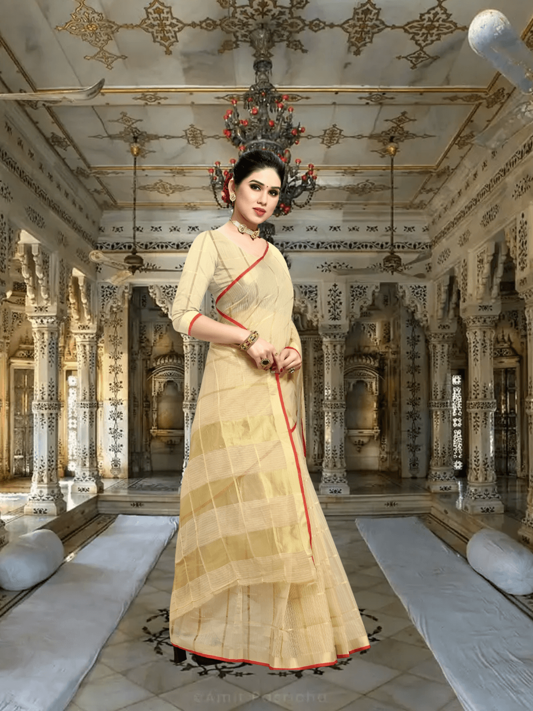 Serene seated pose in temple corridor, contrast red blouse balancing soft beige drape