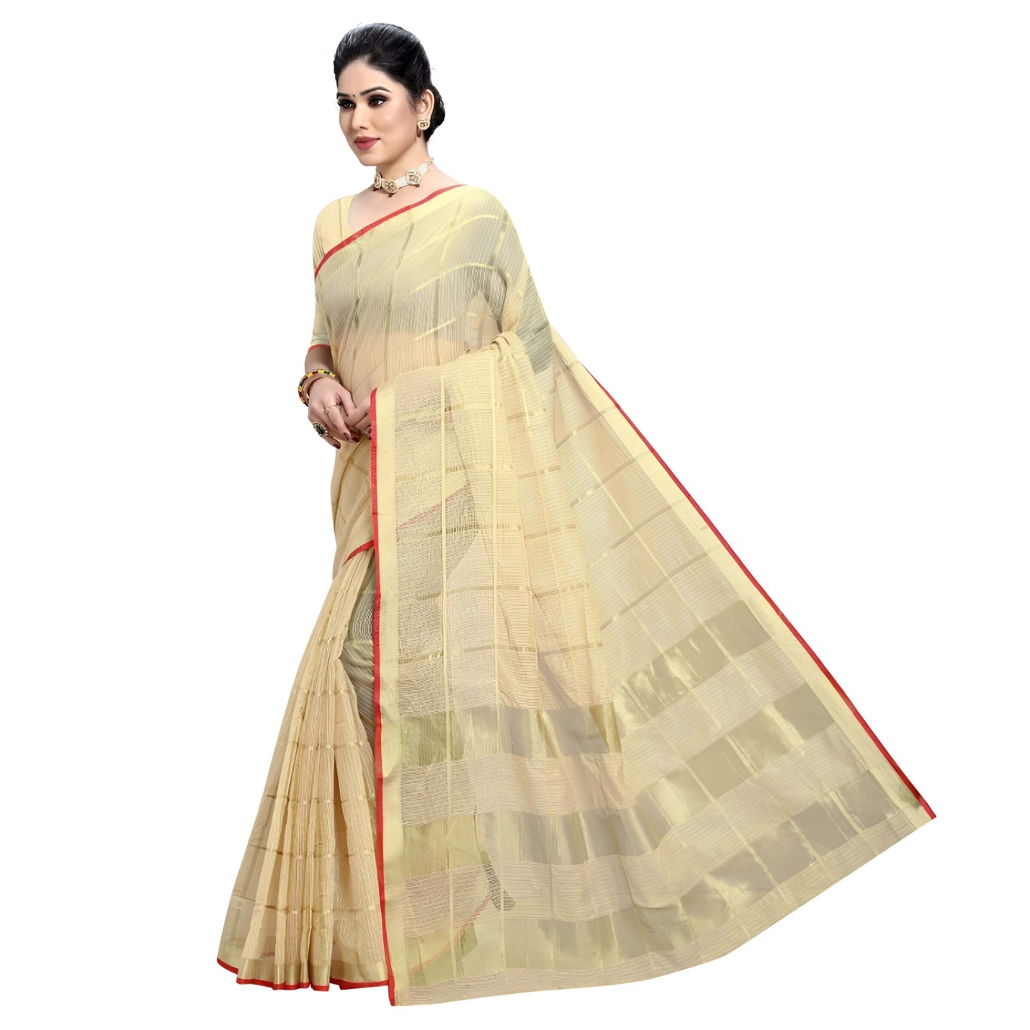 Beige Kota Doria saree neatly draped, golden checkered weave contrasting red border