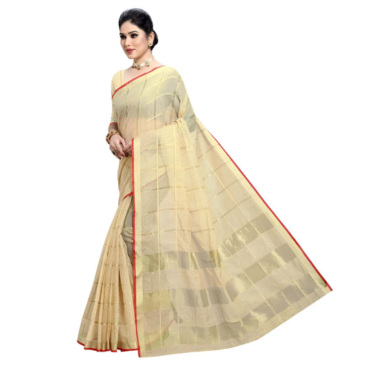 Beige Kota Doria saree neatly draped, golden checkered weave contrasting red border