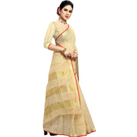 Beige Kota Doria saree neatly draped, golden checkered weave contrasting red border