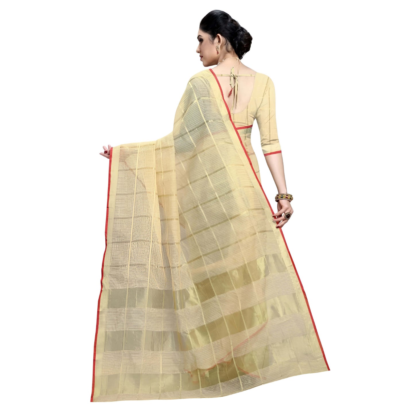 Flowy pallu in beige with glowing checks and vibrant red contrast along the edges