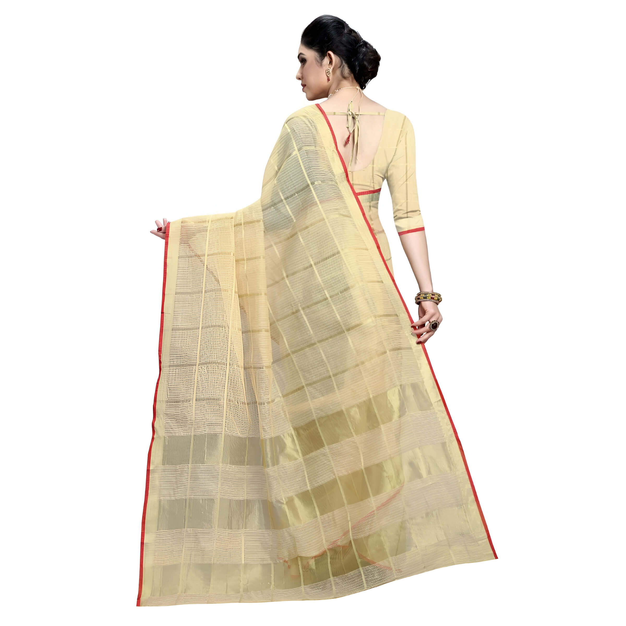 Flowy pallu in beige with glowing checks and vibrant red contrast along the edges