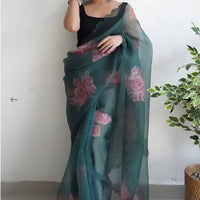  Front view of green organza printed saree in royal palace setting by CELESTINA
