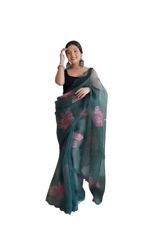  Front view of green organza printed saree in royal palace setting by CELESTINA