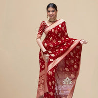  Studio front view of red Arani cotton saree with full body display