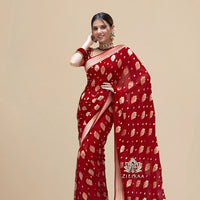  Studio front view of red Arani cotton saree with full body display