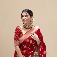  Studio front view of red Arani cotton saree with full body display