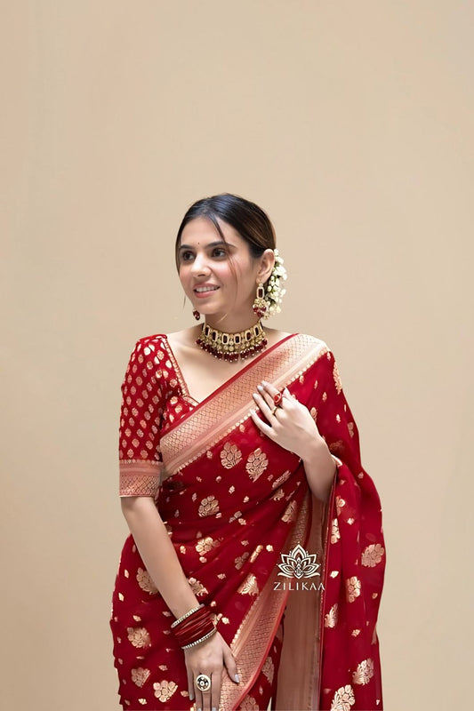  Studio front view of red Arani cotton saree with full body display