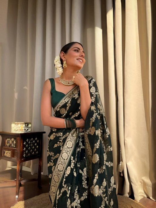 Model in Varnika Viridian posing confidently in palace interior