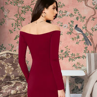 Back profile of “Veins of Venus” dress in maroon – stretchable knit, full sleeves.