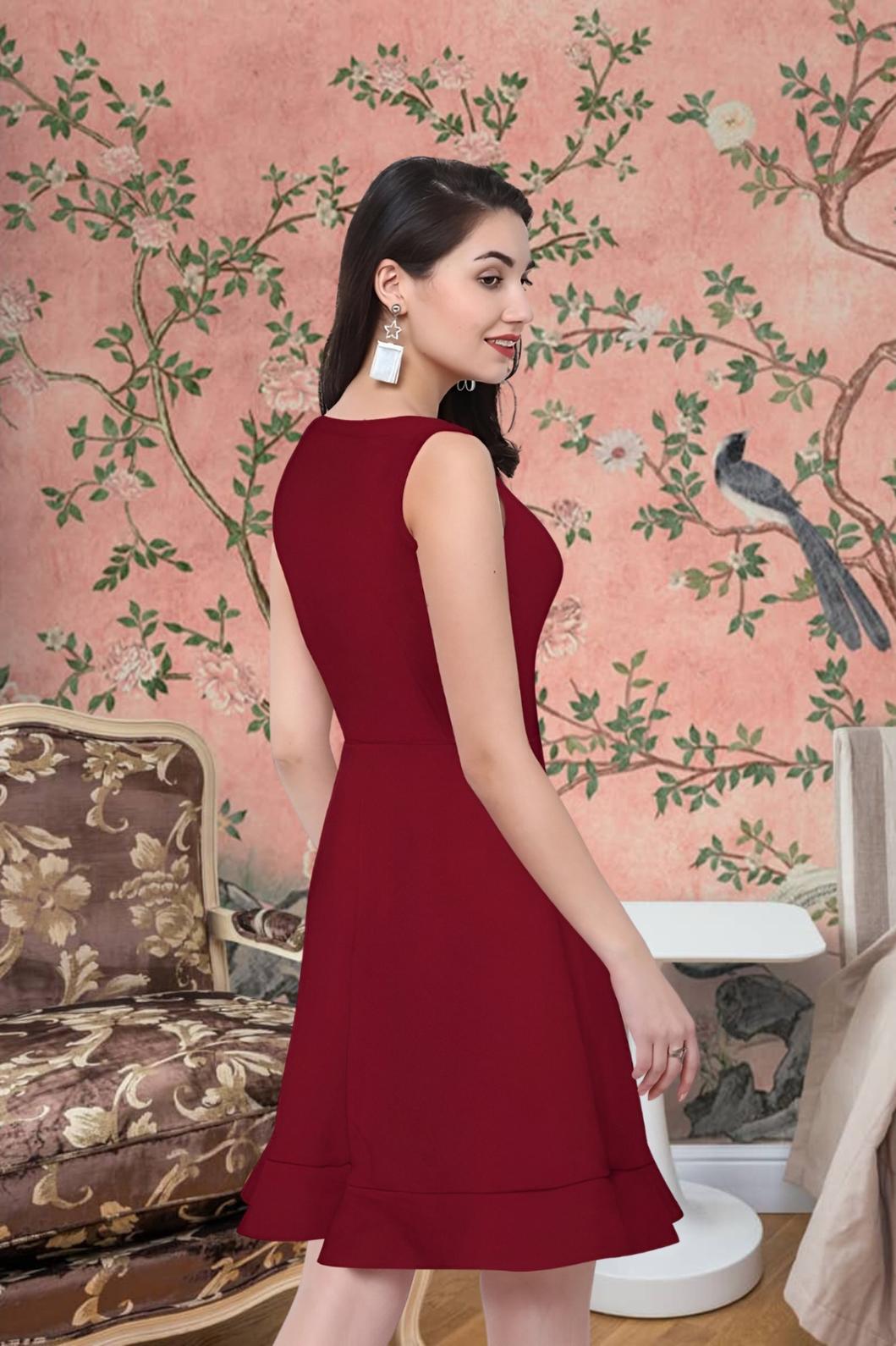 Back profile of the Velvet Reign sleeveless maroon dress with round neckline