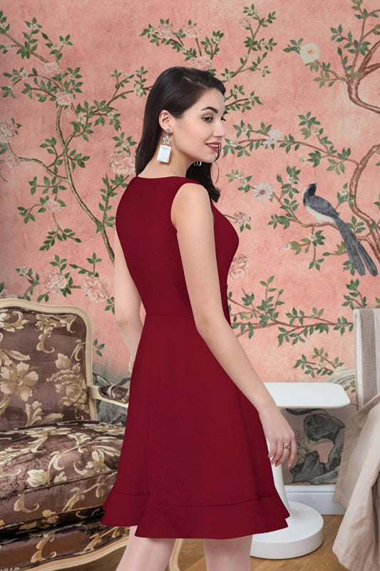 Back profile of the Velvet Reign sleeveless maroon dress with round neckline