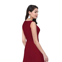 Back view of Velvet Reign maroon polyester dress on plain background