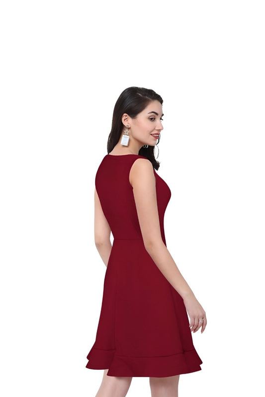 Back view of Velvet Reign maroon polyester dress on plain background