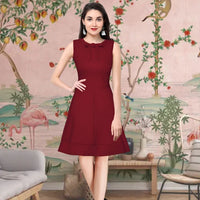 Front view of Celestina’s Velvet Reign maroon sleeveless round neck dress