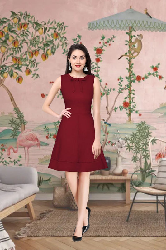 Front view of Celestina’s Velvet Reign maroon sleeveless round neck dress