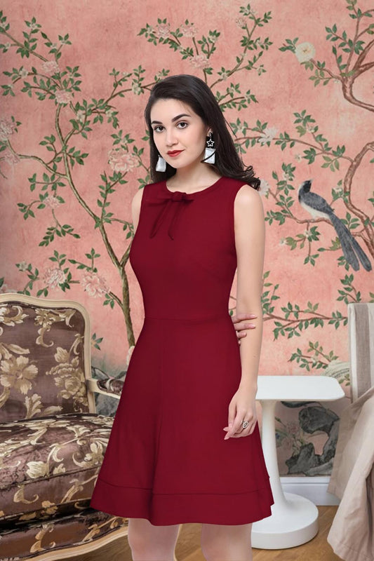 Side angle showing fit and flow of the Velvet Reign maroon polyester dress
