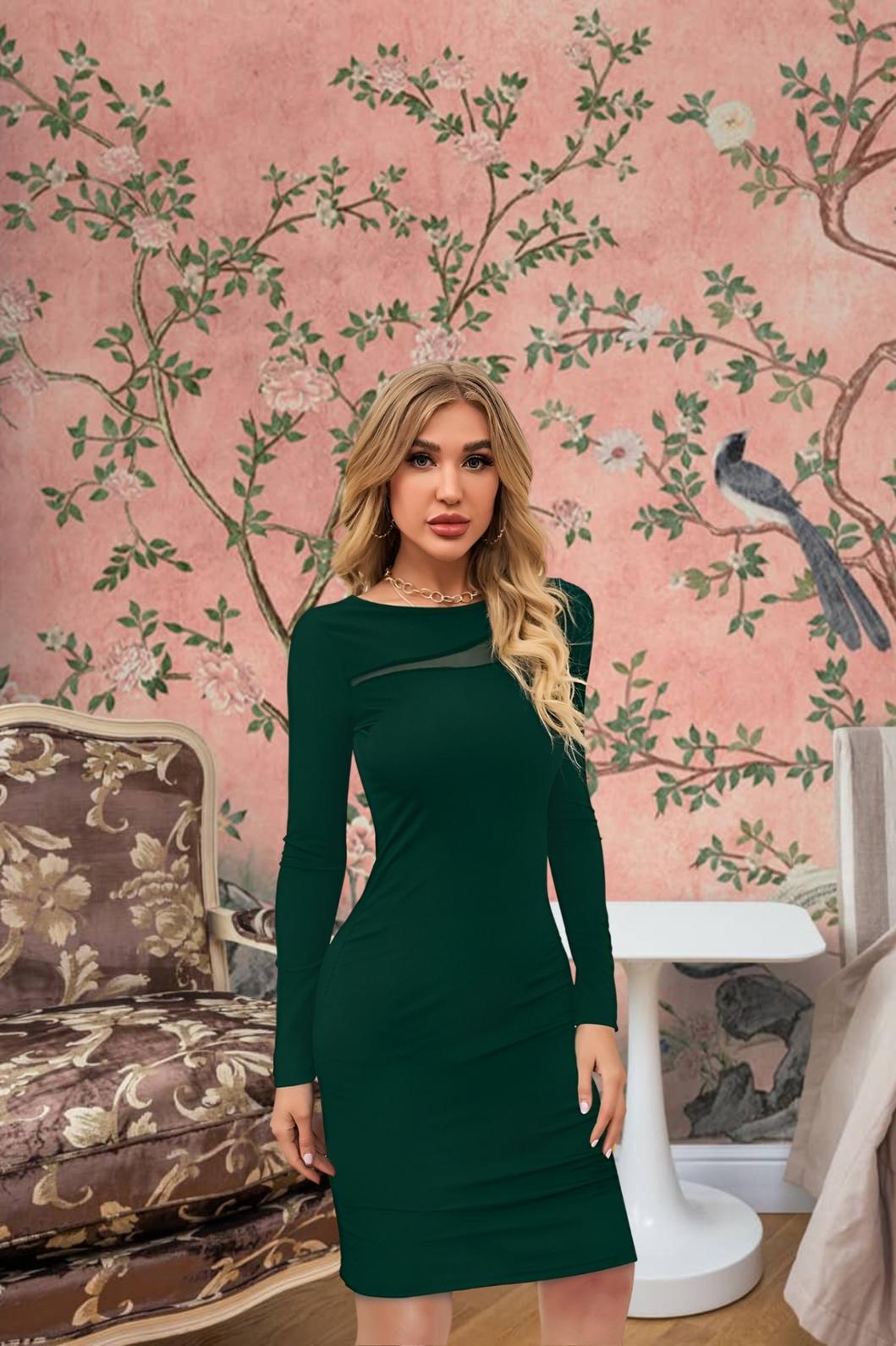 Side shot in stretchable dark green dress – quiet strength and flow