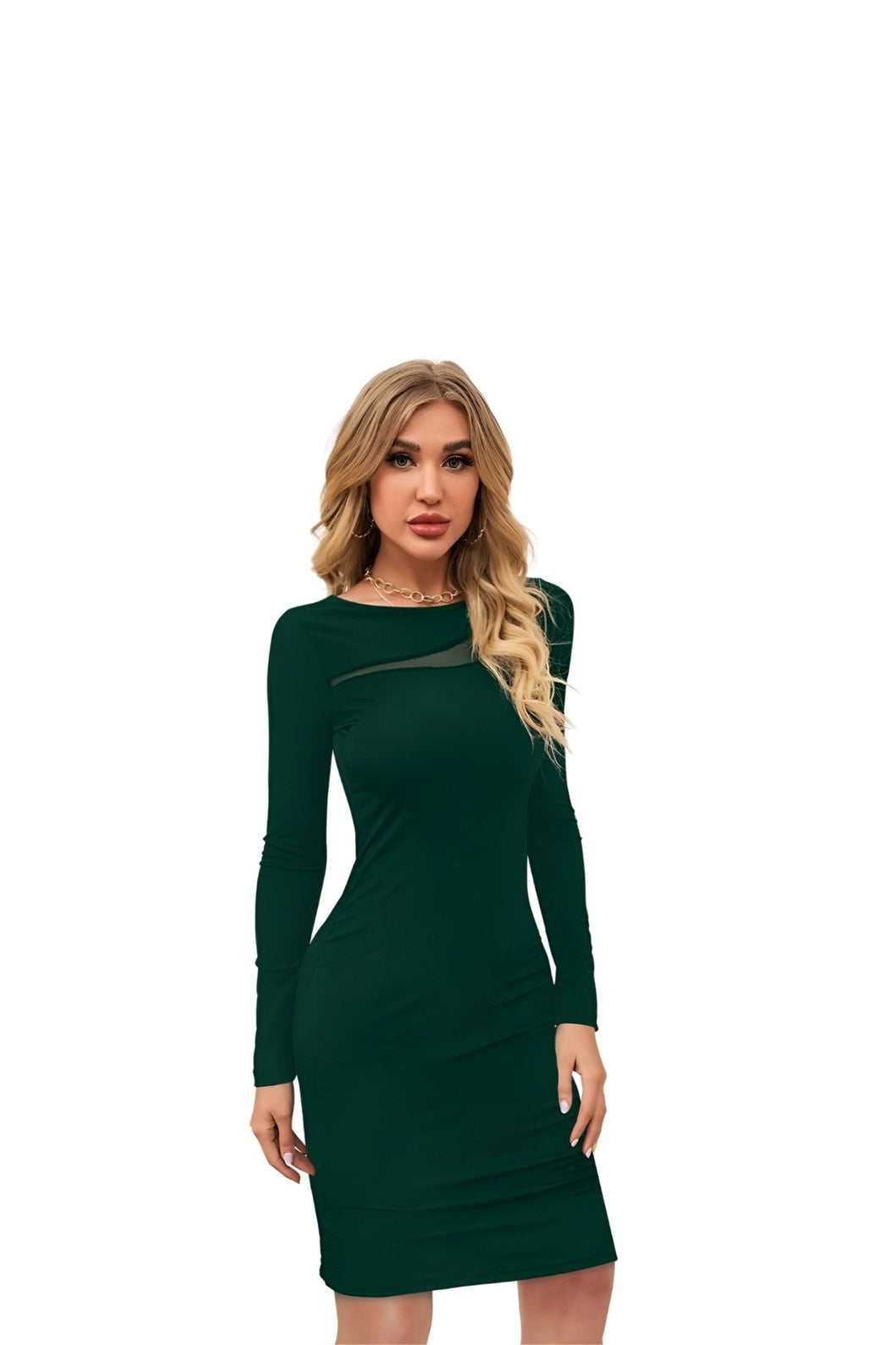 Side profile of full sleeve green dress – crisp and clean white setup