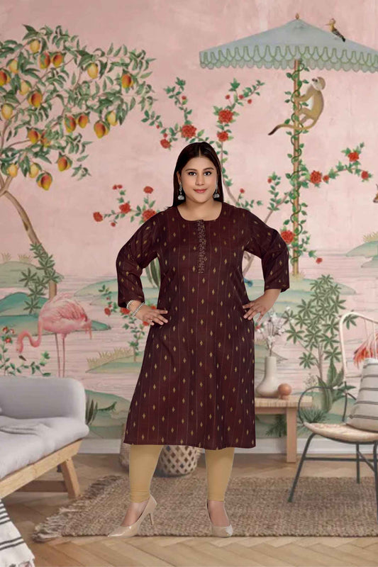  Front view: Maroon kurti glinting with golden artistry