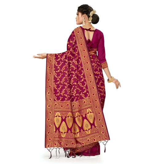 Maroon Banarasi flat lay showing true color under studio lights
