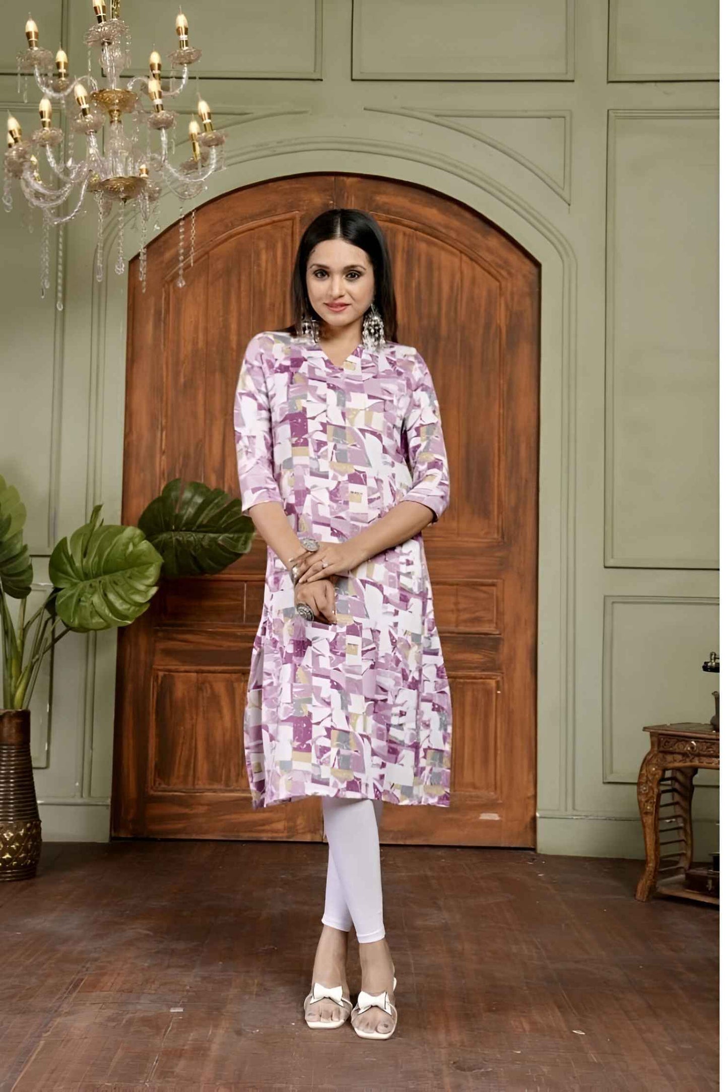 Front view: Purple kurti with soft twilight hues behind