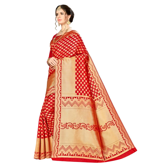 Close-up of thick zari border on red Banarasi silk saree in studio lighting