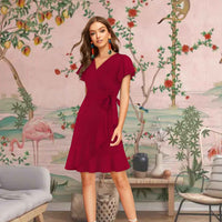 Front view: V-neck diving into intrigue, sleeves mid-drama