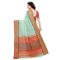 Rear standing pose of saree showing clean drape and pallu over shoulder on white backdrop