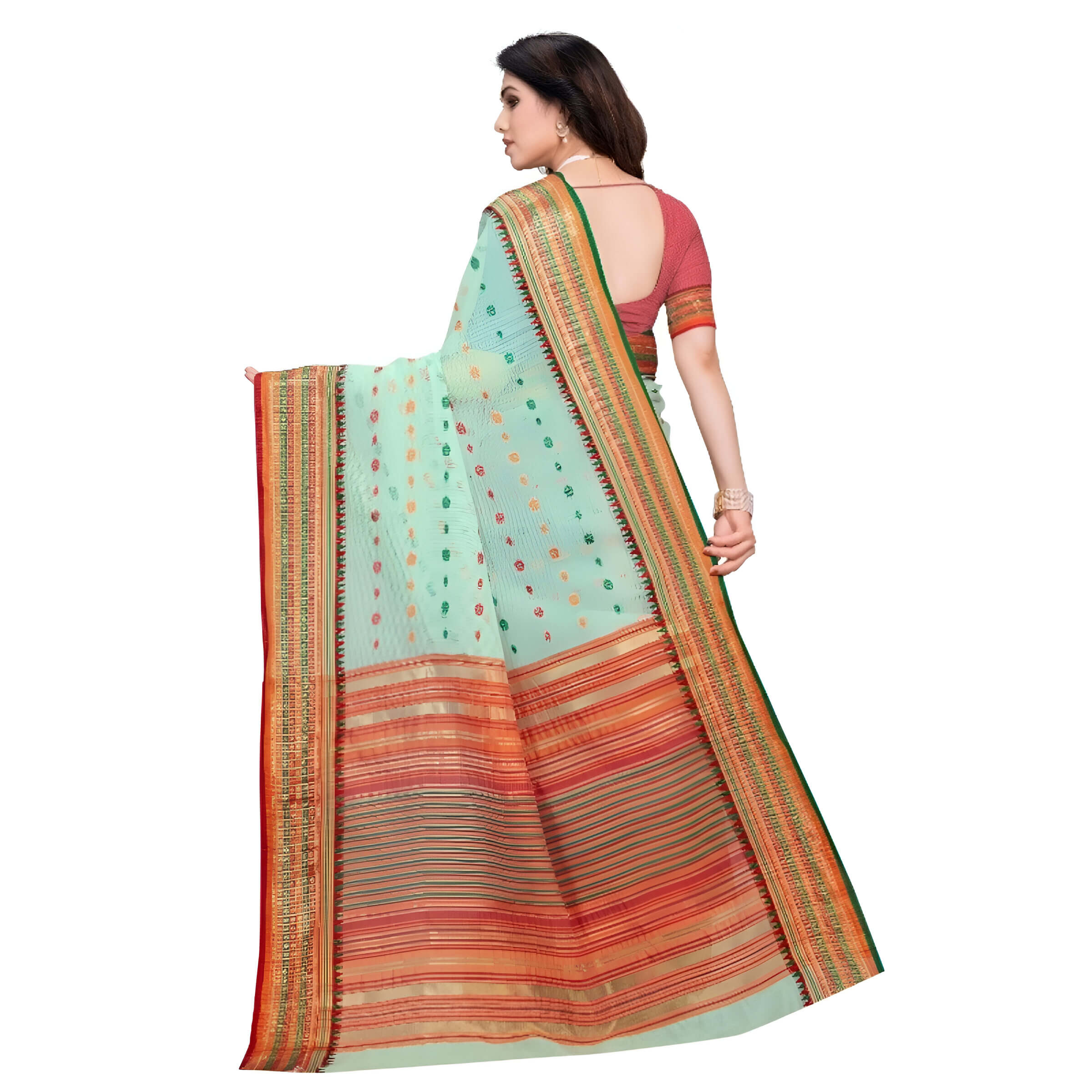 Rear standing pose of saree showing clean drape and pallu over shoulder on white backdrop