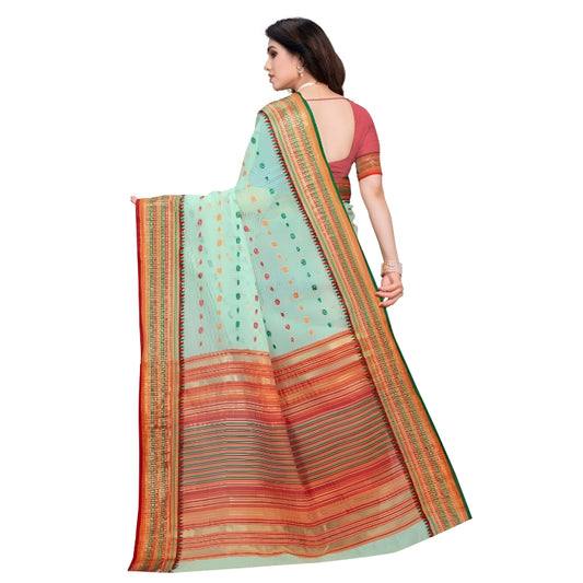 Rear standing pose of saree showing clean drape and pallu over shoulder on white backdrop