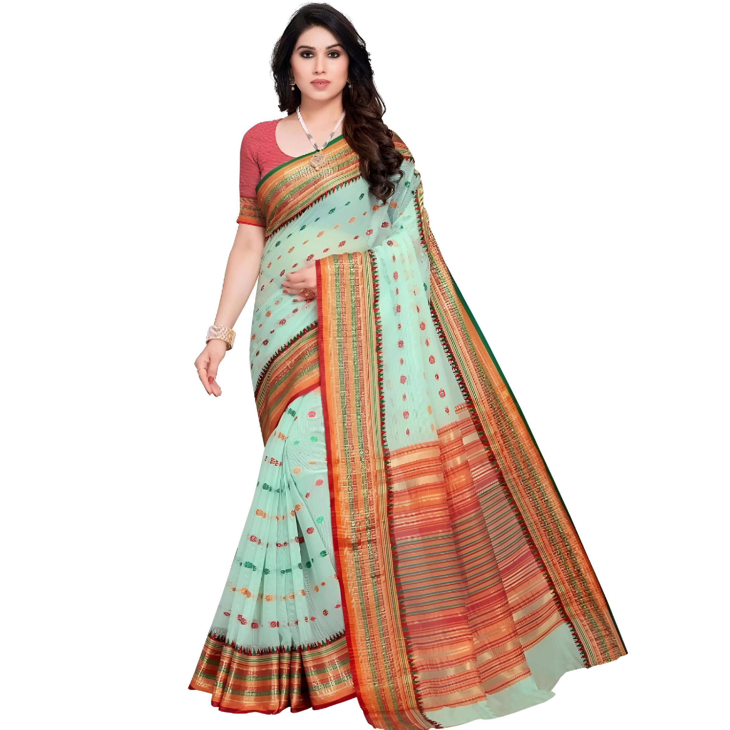Pallu fall captured in motion with sharp white background and poised stance