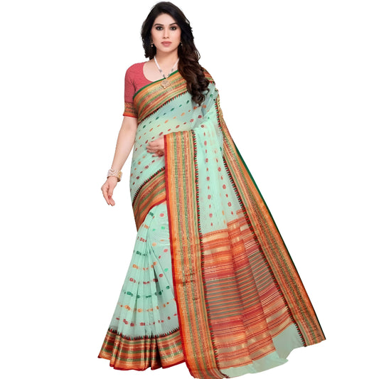 Pallu fall captured in motion with sharp white background and poised stance