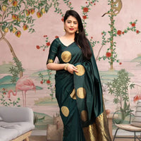 Front view of green printed silk saree in royal setting