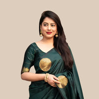 Studio front shot of green printed saree with blouse 